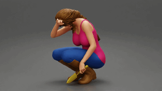 tired woman farmer digging soil using small trowel sitting agriculture field girl body character human female anatomy statue sculpture morph diorama figure people 3d print model - Mito3D