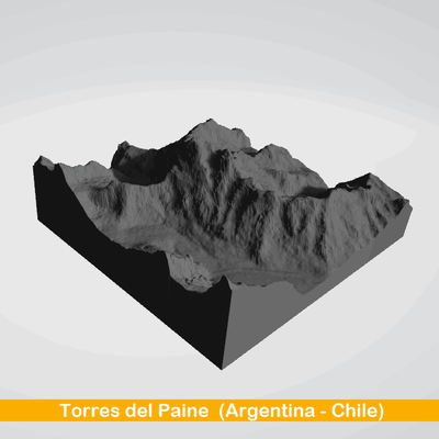 torres del paine chile - argentina 3d map topography stl chilean patagonia rugged mountains turquoise lakes glaciers granite towers trekking nature lovers adventure diverse ecosystems landscapes outdoor enthusiasts national park stunning vistas 3d print model - Mito3D