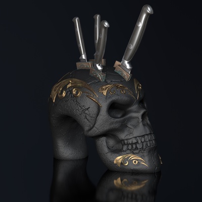 totenkopf als messerblock klingenbreite 50mm home skull messer k che dekoration geschenk highpolygon queisser qu3d 3dmodell 3dfile 3ddruck design 3d print model - Mito3D