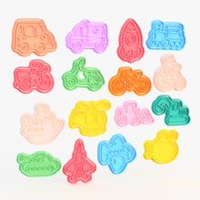 transport cookie cutters set 16 home vehicles plane boat helicopter fire engine balloon tractor tank police car truck rocket ambulance submarine bus stamp cookies cook cutter cithen 3d print model - Mito3D