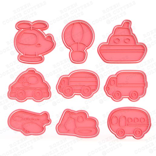 transport cookie cutters set 9 bus submarine ambulance rocket truck police car tank tractor balloon fire engine helicopter boat plane vehicles cutter cithen home cook cookies stamp 3D print model - Mito3D