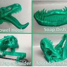t-rex remix bathroom set home dinosaur soap dish toilet paper holder toothbrush trexremix 3d print model - Mito3D