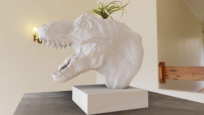 rex tyrannosaurus kopf büste pflanzer topf blume vase stl dino dinosaurier dschungel safari miniatur tischplatte tiere skulptur mauer dekor 3d print model - Mito3D