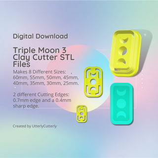 triple moon 3 clay cutter - celestial goddess stl digital file download- 8 sizes 2 versions Jewelry earring polymer geometric embossed hexagon utterlycutterly utterly cutterly cookie fondant organic shape indie fashion 3d print model - Mito3D