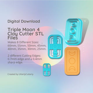 triple moon 4 clay cutter - celestial goddess stl digital file download- 8 sizes 2 versions Jewelry earring polymer geometric embossed hexagon utterlycutterly utterly cutterly cookie fondant organic shape indie fashion 3d print model - Mito3D