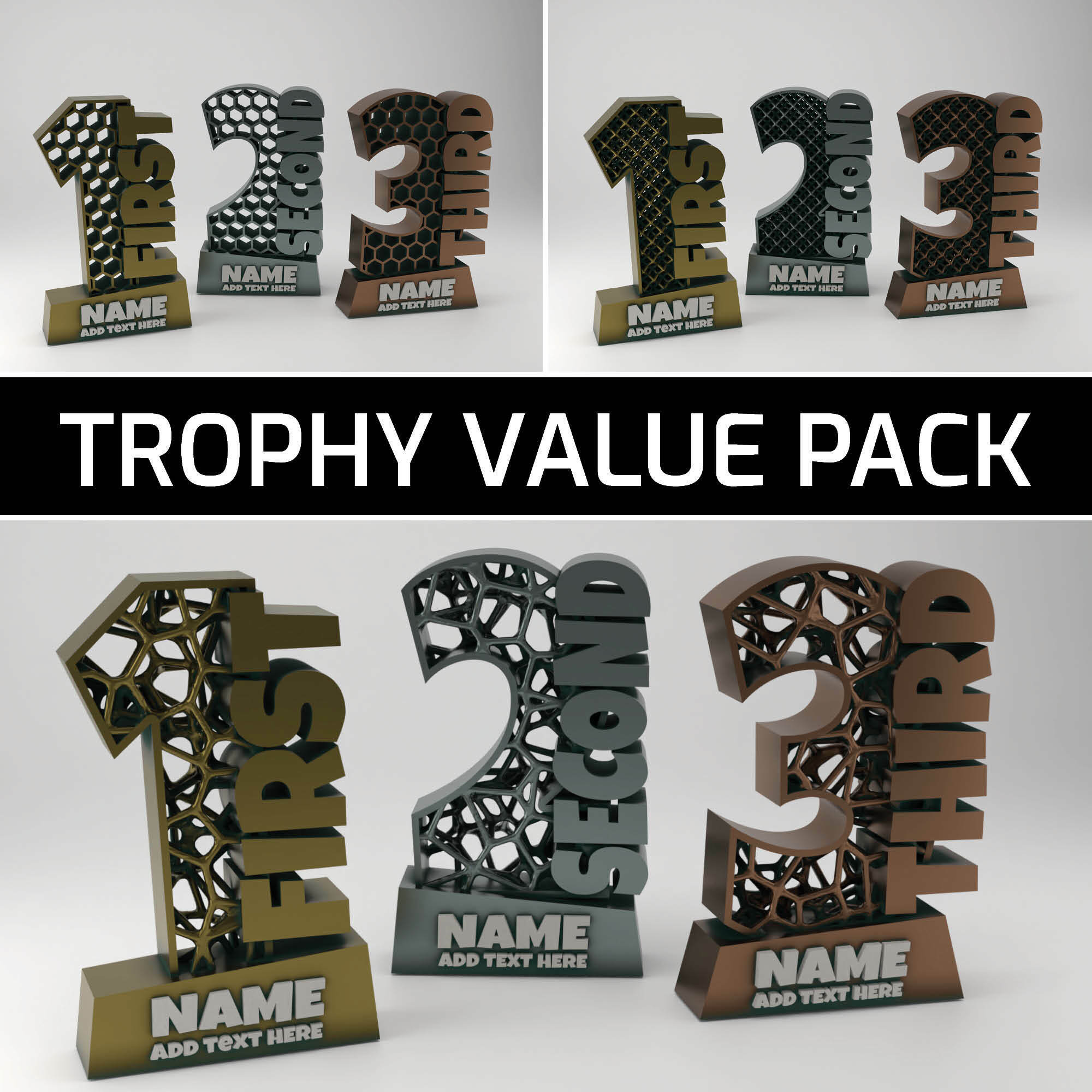trophy - customizable award value pack trophies awards name text custom customize personal peronalize first second third ceremony tournament competition prize championship sport 3D print model - Mito3D