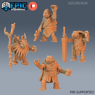 turtle folk tribe set dnd miniature tabletop miniatures gaming monster 3d model rpg dndminis stl file epic-miniatures dndminiatures 3dprint 3dminiature printedminis 3dprinting dungeon fantasy roleplaying dragon warrior undead pre-supported 3d print model - Mito3D
