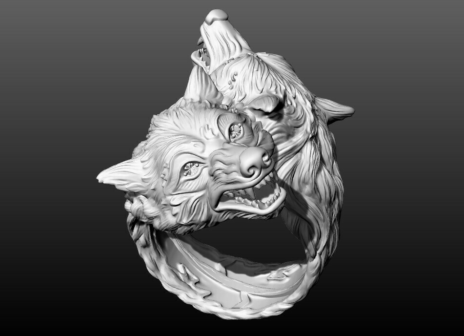 twin wolves fusion ring gems jewelry wolf silver animal gold rings animals wild werewolf beast nature fantasy fox printable 3D print model - Mito3D