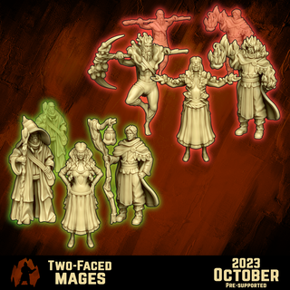 two-faced mages - minis pack presupported wizard witch druid warlock cultist board game dungeons dragons killteam team fantasy mini pathfinder pre supported rpg tabletop ttrpg wargame 28mm mordheim frostgrave 3d print model - Mito3D
