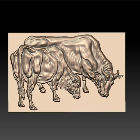 deux bulls art animal sculpture 3d decoration ox buffalo bas-relief realistic mold wall decorative cnc scene 3D print model - Mito3D