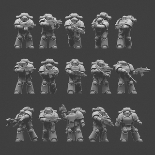 upscaled rivet armor fire squad - fully posed truescale tabletop space soldiers wargaming 3d print model - Mito3D