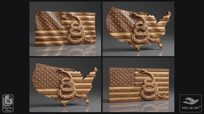 us bandera mapa huella on paquete cnc archivos madera 3d stl modelos americano serpiente america estados unidos 1776 revolución expediente 3d print model - Mito3D