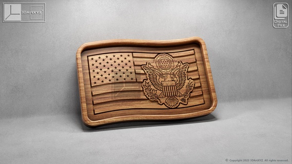us wavy flag army seal tray - cnc files wood svg dxf eps ai pdf pack bundle emblem kitchen serving restaurant wooden dish america military 3d print model - Mito3D