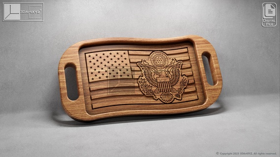 us wavy flag army seal tray handles - cnc files wood svg dxf eps ai pdf pack bundle emblem kitchen serving restaurant wooden dish america military 3d print model - Mito3D