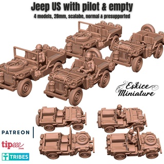 us ww2 jeep pilot & empty - 28mm wargame sniper figurine ghillie soldier eskice miniature french scenery factory usa paratrooper bolt action vehicle 3d print model - Mito3D