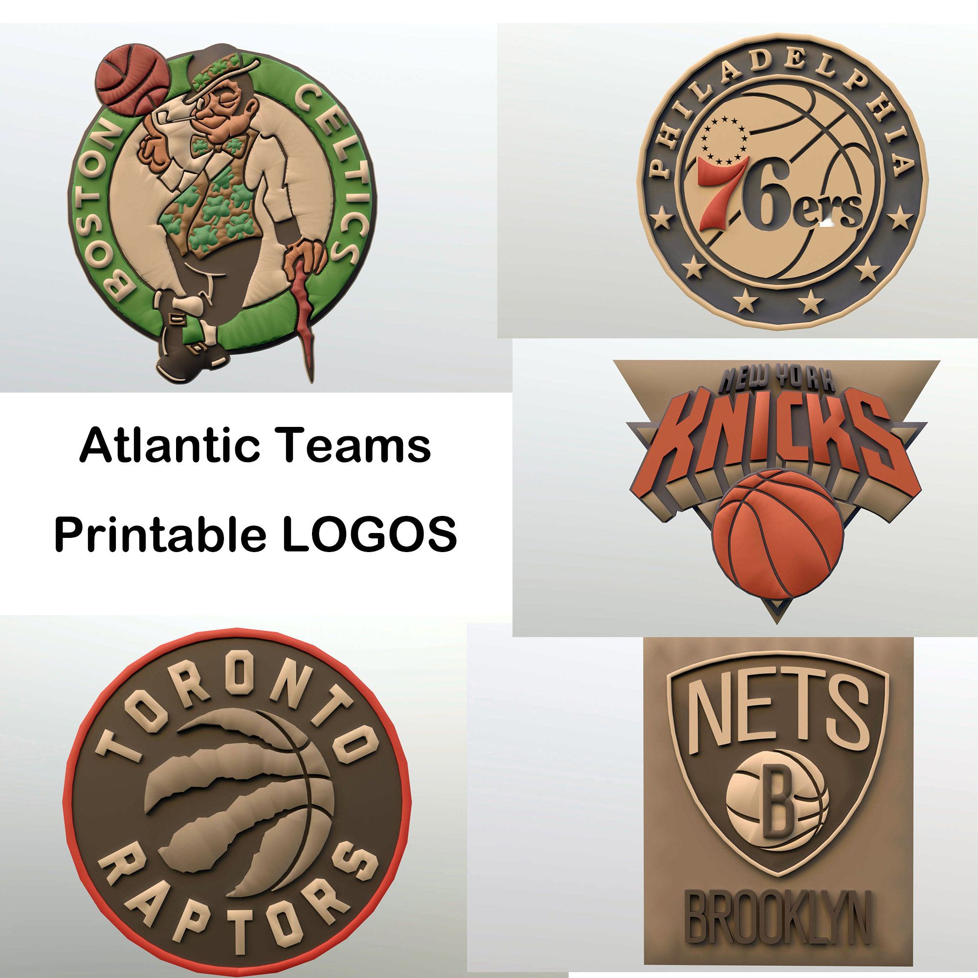 Amerika Birleşik Devletleri Atlantik Basketbol takımlar yazdırılabilir logolar logo spor Raptors Toronto Philadelphia 76ers Knicks ny yeni York Brooklyn ağlar Celtics Boston 3D print model - Mito3D