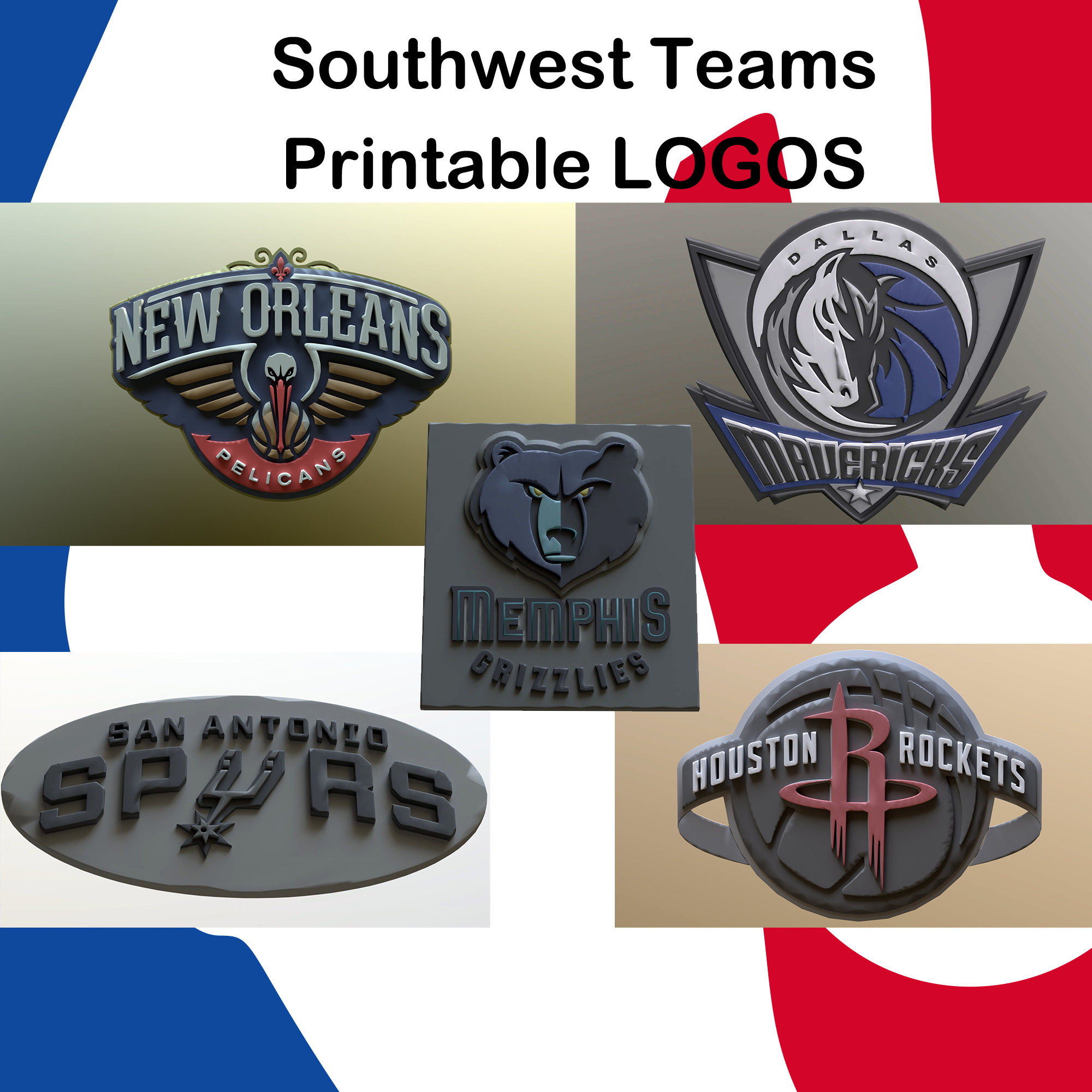 EUA sudoeste basquetebol times imprimível logotipos Dallas rebeldes logotipo houston foguetes memphis ursos pardos orleans pelicanos san antonio esporas 3D print model - Mito3D