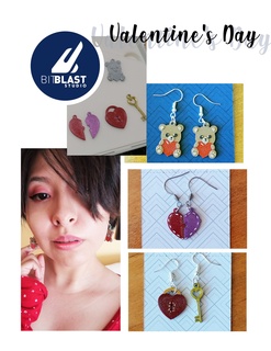 valentine's day earrings valentines heart bear key earring cute 3d print model - Mito3D