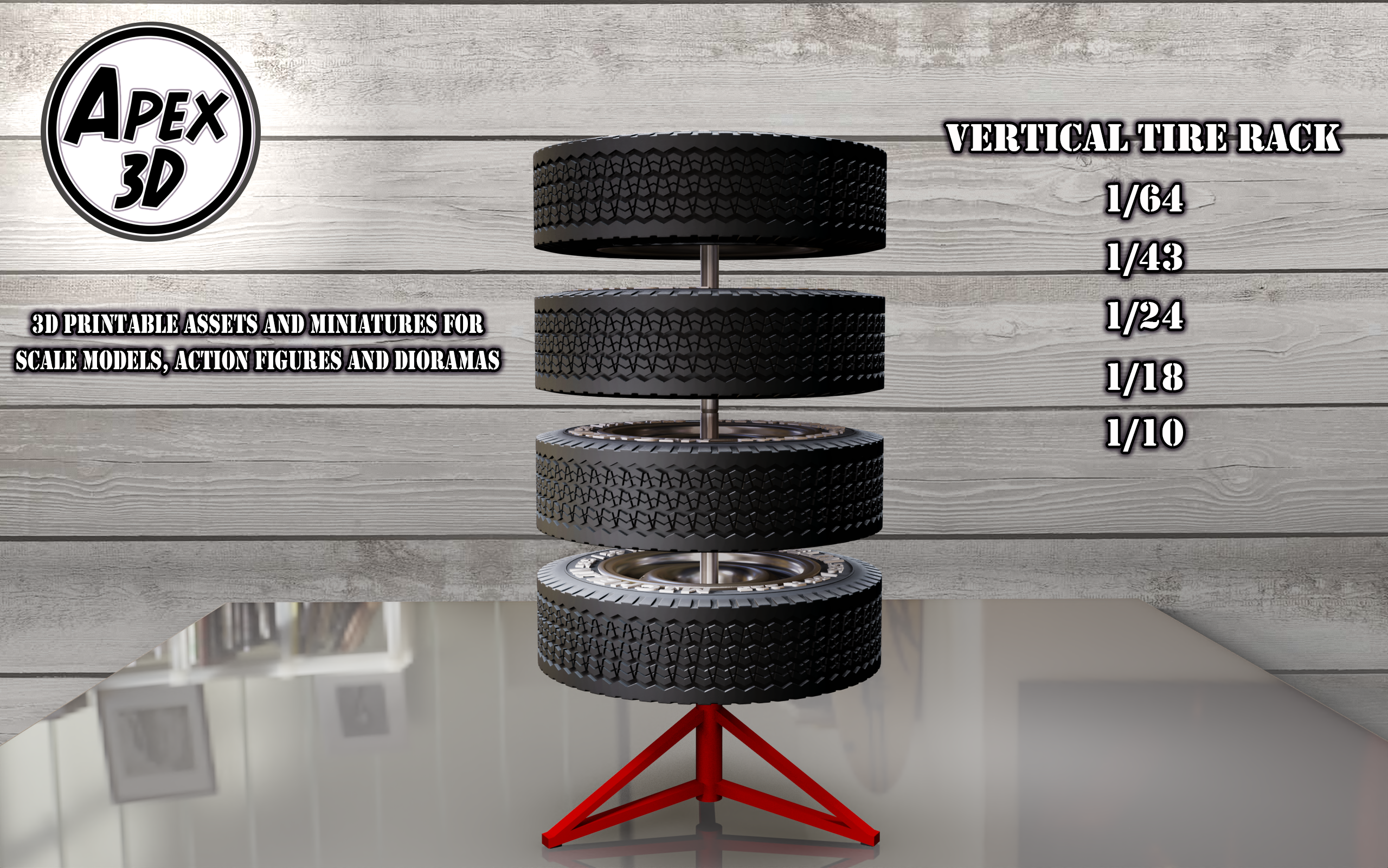 vertical tire rack 3d printable various scales 3dprinting diorama maquette scale autos plastikits plastimodel sprue collection collectible cars garage shop mechanic workshop wheel 3D print model - Mito3D