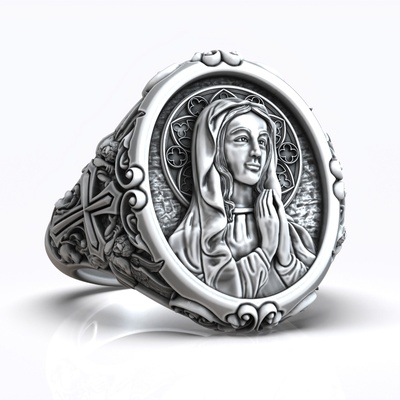 virgen maría angeles gótico cruzar cristiano anillo joyería joya madre católico cristo santo orar manos bajorrelieve iglesia alas sello jesús fe 3d print model - Mito3D