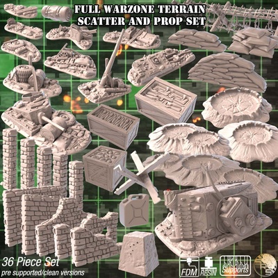 warzone scatter terrain set game battlefield gaming miniatures modern rpg military warfare tabletop blast bases 3d print model - Mito3D