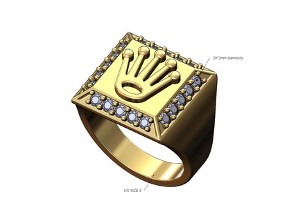 sehen Krone Quadrat Diamant chamfred Seiten Ring us Größe 9 3d drucken Modell Schmuck druckbar Gold Silber Signet Mode Luxus bling HipHop 3d print model - Mito3D