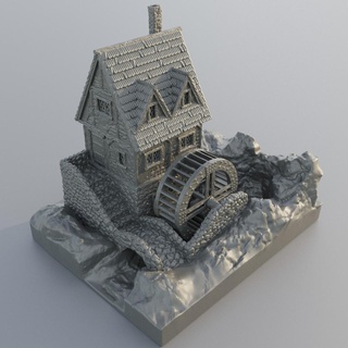 watermill house 28 mm tabletop terrain rpg dnd medieval supportfree old stone river mill structure playable interior modular 28mm 25mm 15mm wargame 3d print model - Mito3D