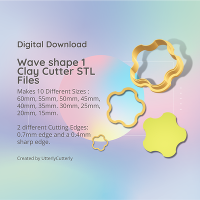 wave shape 1 clay cutter - organic stl digital file download- 10 sizes 2 versions earring polymer geometric embossed hexagon utterlycutterly utterly cutterly cookie fondant indie 3d print model - Mito3D