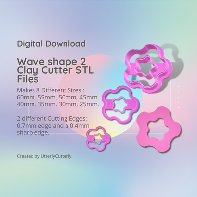 wave shape 2 clay cutter - organic stl digital file download- 8 sizes versions earring polymer geometric embossed hexagon utterlycutterly utterly cutterly cookie fondant indie 3d print model - Mito3D