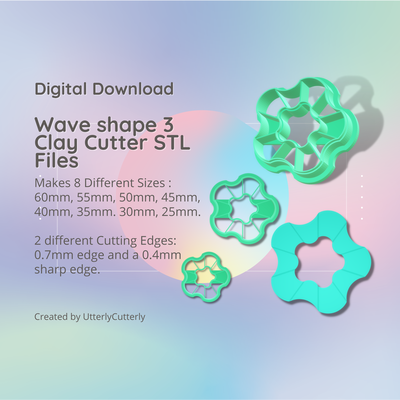 wave shape 3 clay cutter - organic stl digital file download- 8 sizes 2 versions earring polymer geometric embossed hexagon utterlycutterly utterly cutterly cookie fondant indie 3d print model - Mito3D
