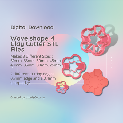wave shape 4 clay cutter - organic stl digital file download- 8 sizes 2 versions earring polymer geometric embossed hexagon utterlycutterly utterly cutterly cookie fondant indie 3d print model - Mito3D