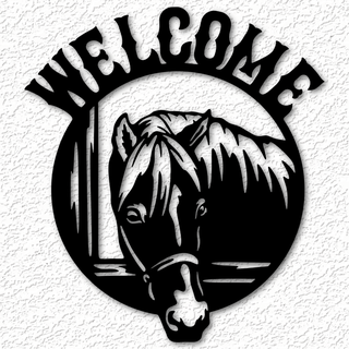 welcome horse sign wall art country decor 2d realistic stallion foal mare horses pony farm ranch house home decoration stables 3d print model - Mito3D