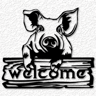 welcome piggy sign wall art pig decor 2d piglet farm house ranch barnyard barn modern country low poly home amimal 3d print model - Mito3D