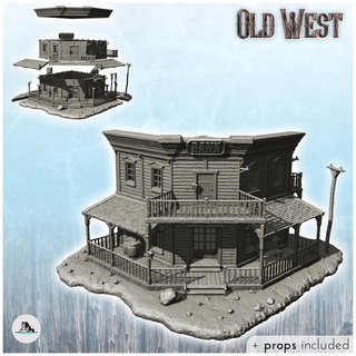 western bank building corner balcony + props 25 - cowboy usa america acw american civil war history historical architecture tabletop miniatures scenery wargame game terrain house accessories wild west modern desperados texas blackwater gunfight frontier 3d print model - Mito3D