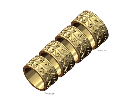 wide double wave pattern band us sizes 6to9 3d print model greek key versace ring cigar carved gold silver printable jewellery stackable luxury statement men gents jewelry 3d print model - Mito3D