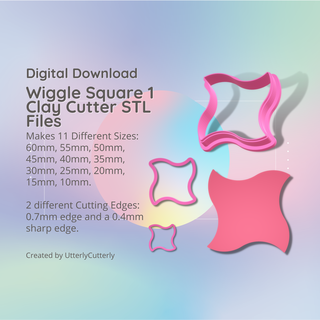 wiggle square 1 clay cutter - mid century modern stl digital file download- 11 sizes 2 versions earrings pendant barrette earring polymer geometric embossed hexagon utterlycutterly utterly cutterly cookie fondant organic shape indie fashion 3d print model - Mito3D