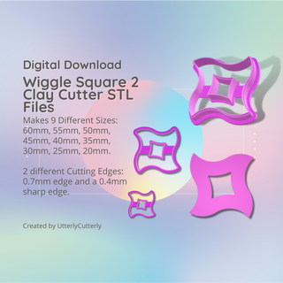 wiggle square 2 clay cutter - mid century modern stl digital file download- 9 sizes versions earrings pendant barrette earring polymer geometric embossed hexagon utterlycutterly utterly cutterly cookie fondant organic shape indie fashion 3d print model - Mito3D