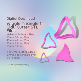 wiggle triangle 1 clay cutter - mid century modern stl digital file download- 11 sizes 2 versions earrings pendant barrette earring polymer geometric embossed hexagon utterlycutterly utterly cutterly cookie fondant organic shape indie fashion 3d print model - Mito3D