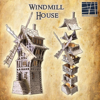 windmill house 28 mm tabletop terrain rpg dnd medieval supportfree old cottage structure playable interior modular 28mm 25mm 15mm wargame 3d print model - Mito3D