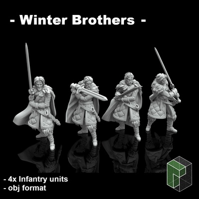 winter brothers unsupported soldiers warriors armored knights miniature mini tabletop table dnd dungeons dragons rpg greatsword sword shields fantasy wargame nights watch in arms cloak 3d print model - Mito3D
