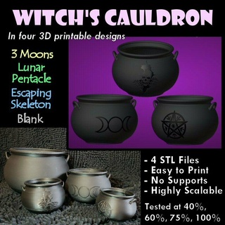 witch's brew cauldron pentacle moons skull blank multiple stl files 3d print model - Mito3D