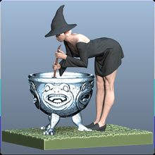 bruxa cozinhando Bruxas vassoura menina jovem figura caldeirão colher sopa cozinhar 3d print model - Mito3D