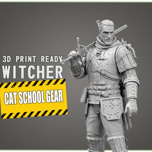 witcher gatto scuola Ingranaggio 3d Stampa modello geralt arma cavaliere guerriero statuetta figurine 3dprint miniature scultura statua uomo 3ddesign fdm lsd dlp 3D print model - Mito3D