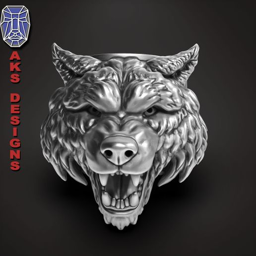 Wolf 1 Ring Schmuck Juwel Biker Gang Verein Fahrer Punk Anhänger Schädel Ringe Tier Hund wild organisch Pelz Haare Zähne wütend 3D print model - Mito3D