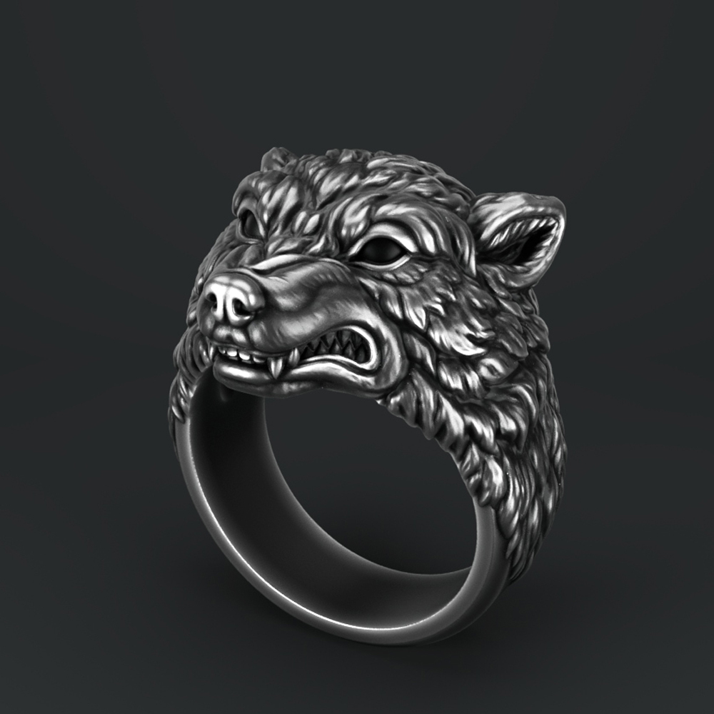 Lobo cabeça anel animal prata pingente jóia joalheria argolas 3D print model - Mito3D