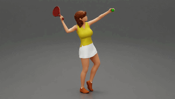 mujer jugando tenis dando Servicio lanzamiento pelota pie niña cuerpo personaje humano hembra estatua escultura morph decoración diorama figura personas impresión deporte 3d print model - Mito3D