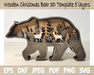 wooden bear home christmas ornament template 5 layers glowforge laser ready svg cut co2 cnc vector instant digital download Various files file project for cricut design dxf 3d print model - Mito3D