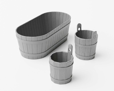 wooden buckets tub scale model accessories diorama 1 35 modellbau european miniature miniatures kit realistic old bucket forged braces trough pail 3d print model - Mito3D