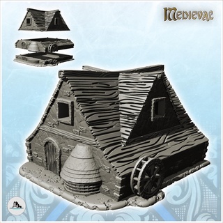 wooden roofed water wheel floor 17 - medieval feudal archaic saga 28mm 15mm building architecture tabletop miniatures scenery wargame game terrain house accessories middle age dark rose war traditionnal fantasy european village 3d print model - Mito3D