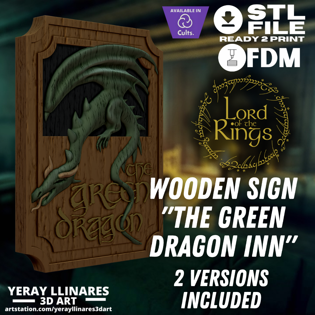 wooden sign green dragon lord rings sculpture3d print3d inn poster decoration home office middle earth fans art 3d model hobbiton cinema fantasy 3D print model - Mito3D